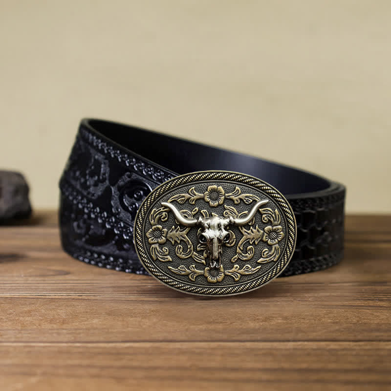 Ceinture en cuir à boucle sculptée en forme de tête de taureau pour homme