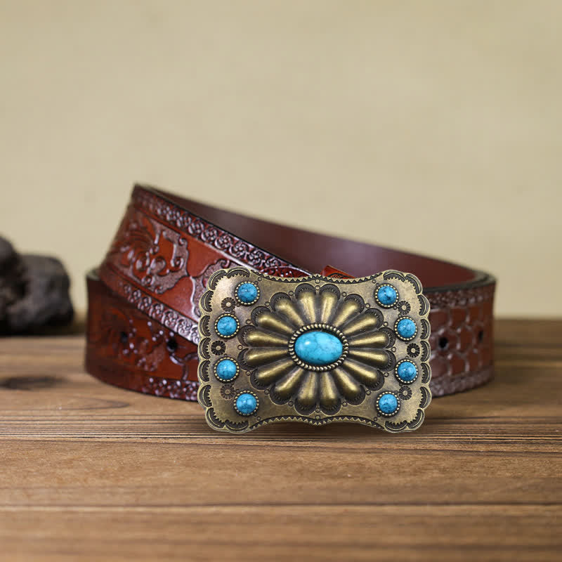 Ceinture en cuir à boucle rectangulaire en pierre turquoise occidentale DIY pour homme