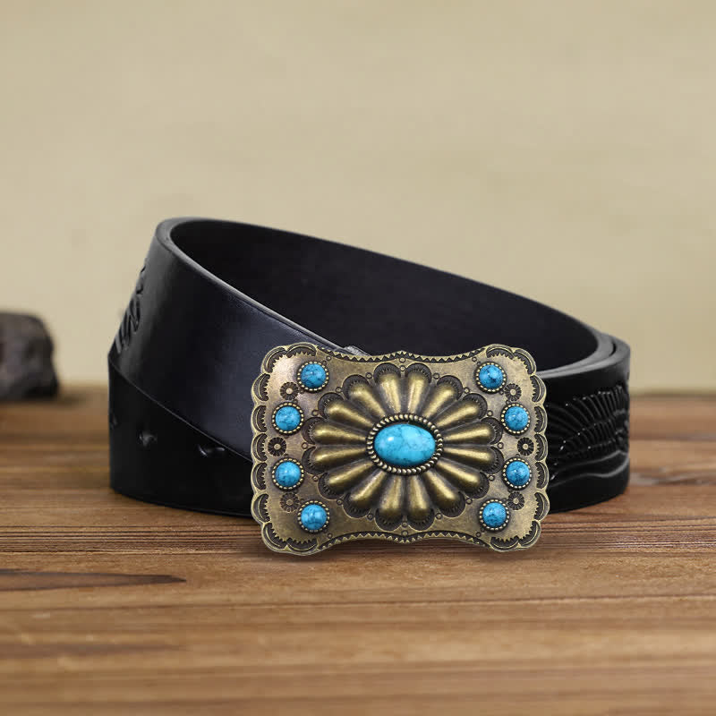 Ceinture en cuir à boucle rectangulaire en pierre turquoise occidentale DIY pour homme