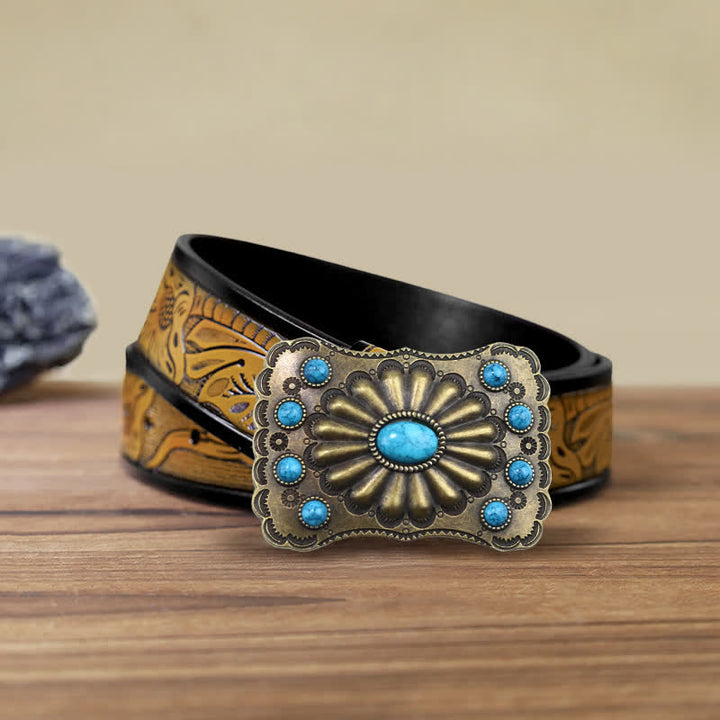 Ceinture en cuir à boucle rectangulaire en pierre turquoise occidentale DIY pour homme