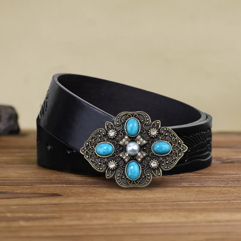 Ceinture en cuir à boucle turquoise décorative et superbe pour homme