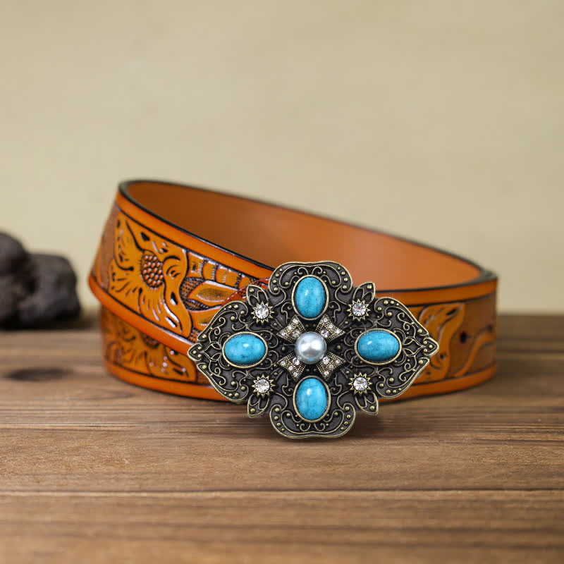 Ceinture en cuir à boucle turquoise décorative et superbe pour homme