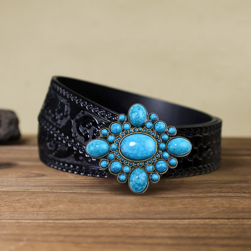 Ceinture en cuir à boucle ton bronze turquoise de luxe pour homme
