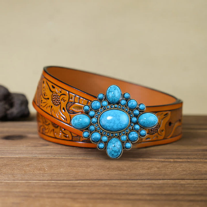 Ceinture en cuir à boucle ton bronze turquoise de luxe pour homme
