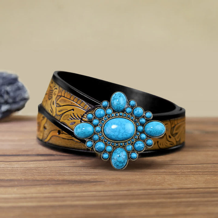 Ceinture en cuir à boucle ton bronze turquoise de luxe pour homme