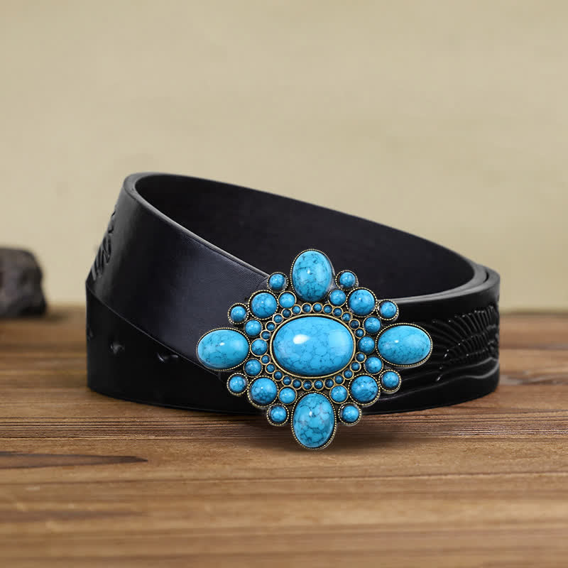 Ceinture en cuir à boucle ton bronze turquoise de luxe pour homme