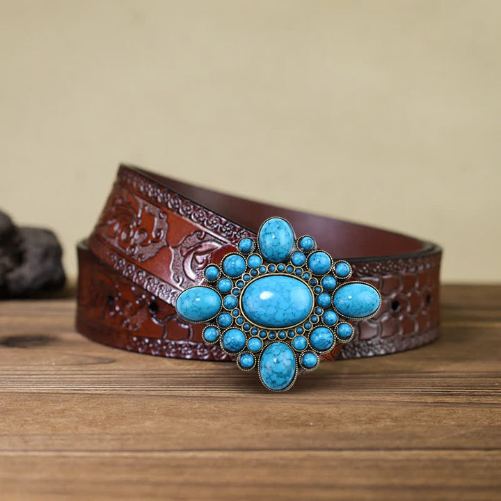 Ceinture en cuir à boucle ton bronze turquoise de luxe pour homme