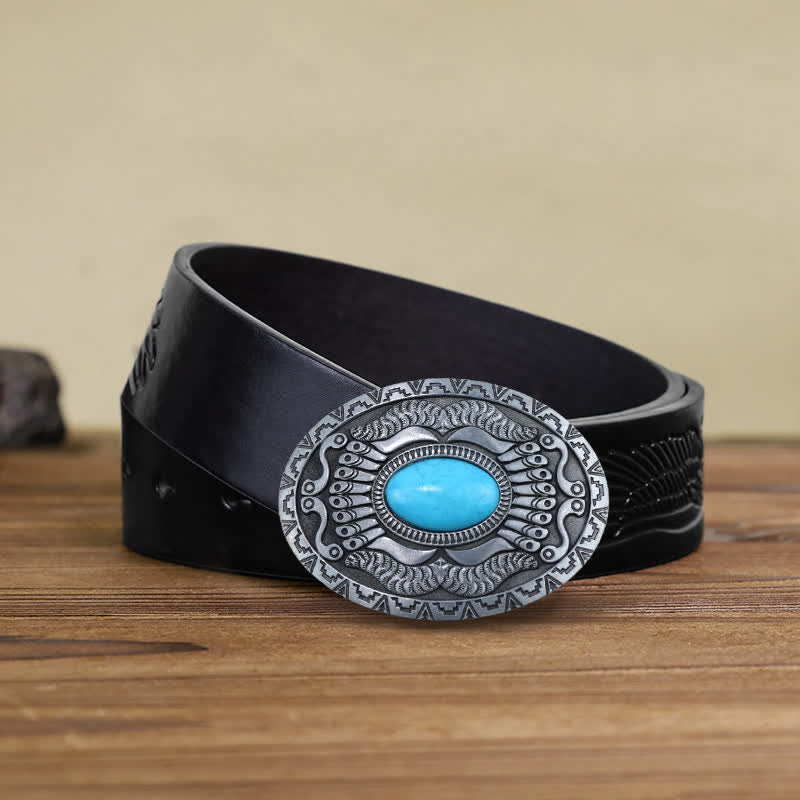 Ceinture en cuir à boucle turquoise pour homme avec bouclier indien