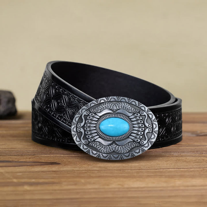 Ceinture en cuir à boucle turquoise pour homme avec bouclier indien