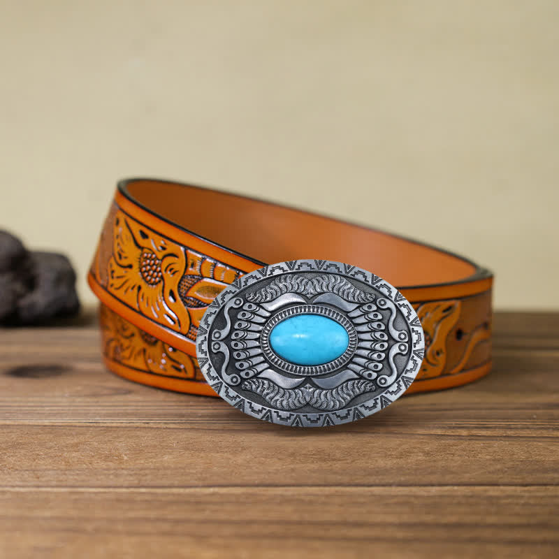 Ceinture en cuir à boucle turquoise pour homme avec bouclier indien