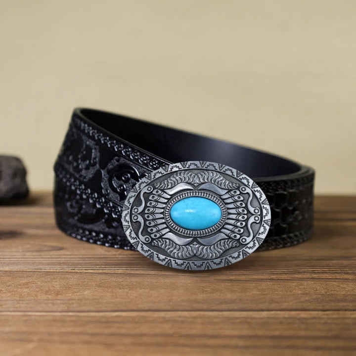 Ceinture en cuir à boucle turquoise pour homme avec bouclier indien