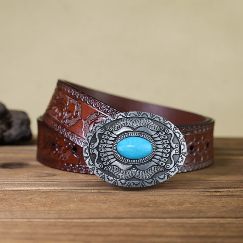 Ceinture en cuir à boucle turquoise pour homme avec bouclier indien