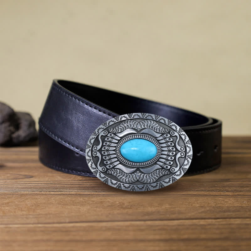 Ceinture en cuir à boucle turquoise pour homme avec bouclier indien