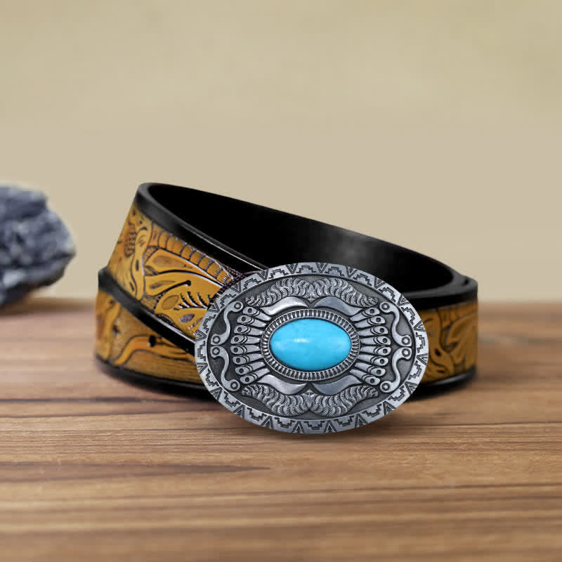 Ceinture en cuir à boucle turquoise pour homme avec bouclier indien