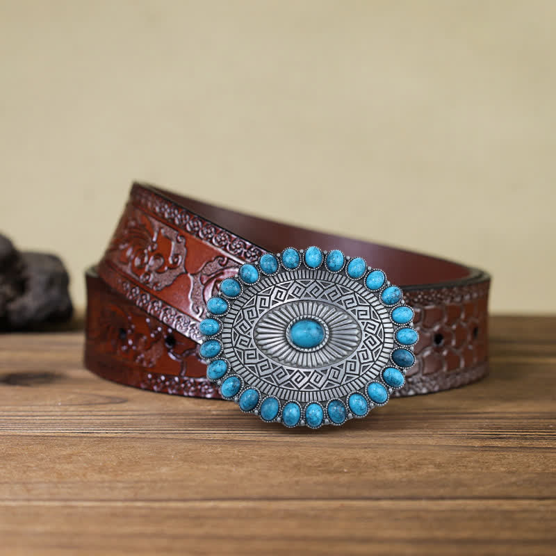 Ceinture en cuir à boucle ovale bohème turquoise pour homme