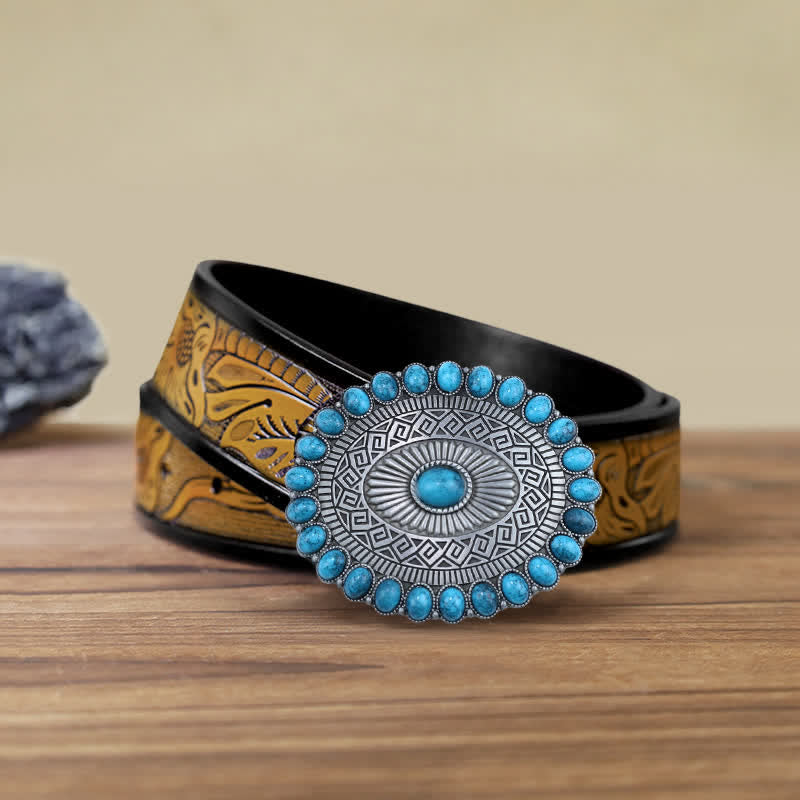 Ceinture en cuir à boucle ovale bohème turquoise pour homme