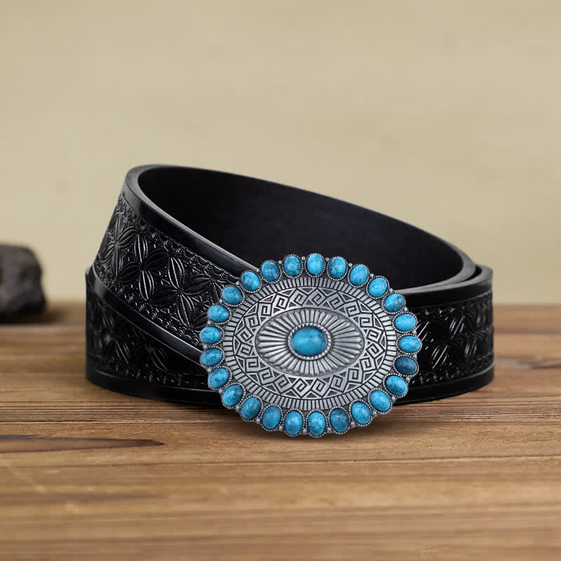 Ceinture en cuir à boucle ovale bohème turquoise pour homme