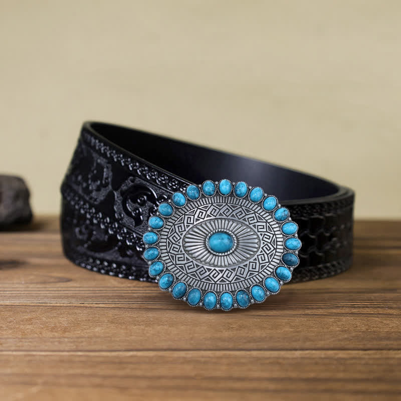 Ceinture en cuir à boucle ovale bohème turquoise pour homme