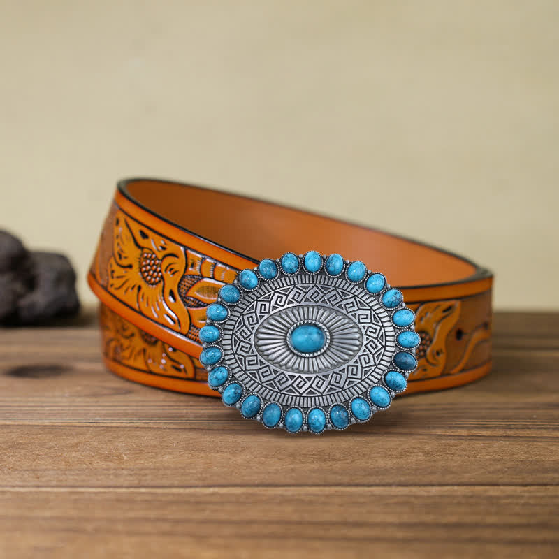 Ceinture en cuir à boucle ovale bohème turquoise pour homme