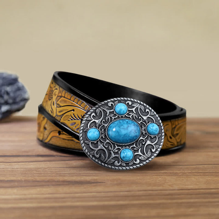 Ceinture en cuir à boucle turquoise pour homme avec motif cowboy western