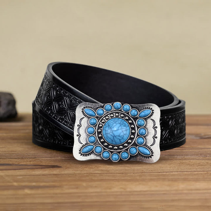 Ceinture en cuir à boucle rectangulaire en pierre turquoise pour homme