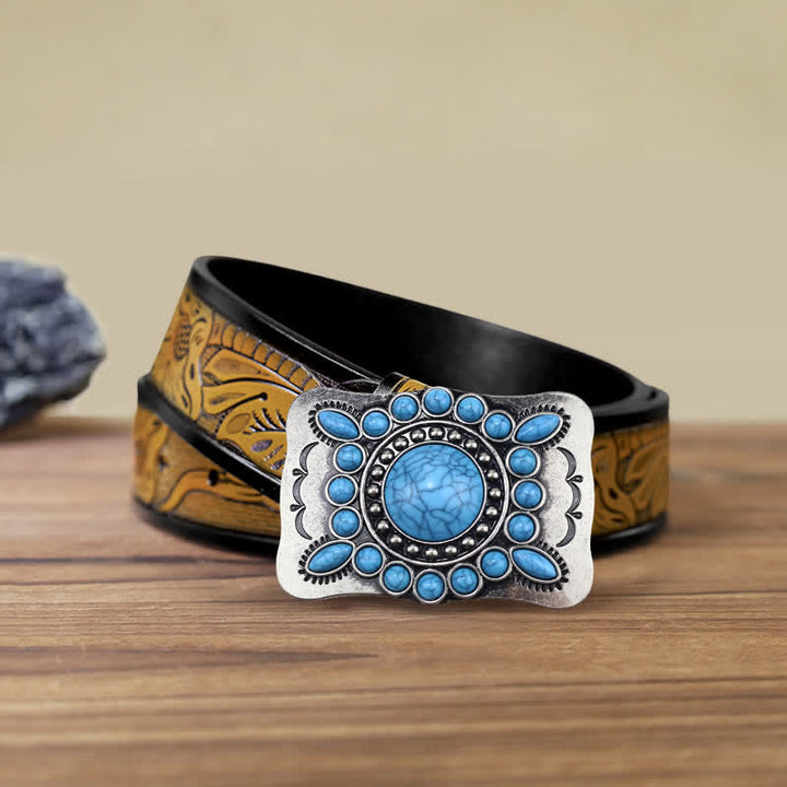 Ceinture en cuir à boucle rectangulaire en pierre turquoise pour homme