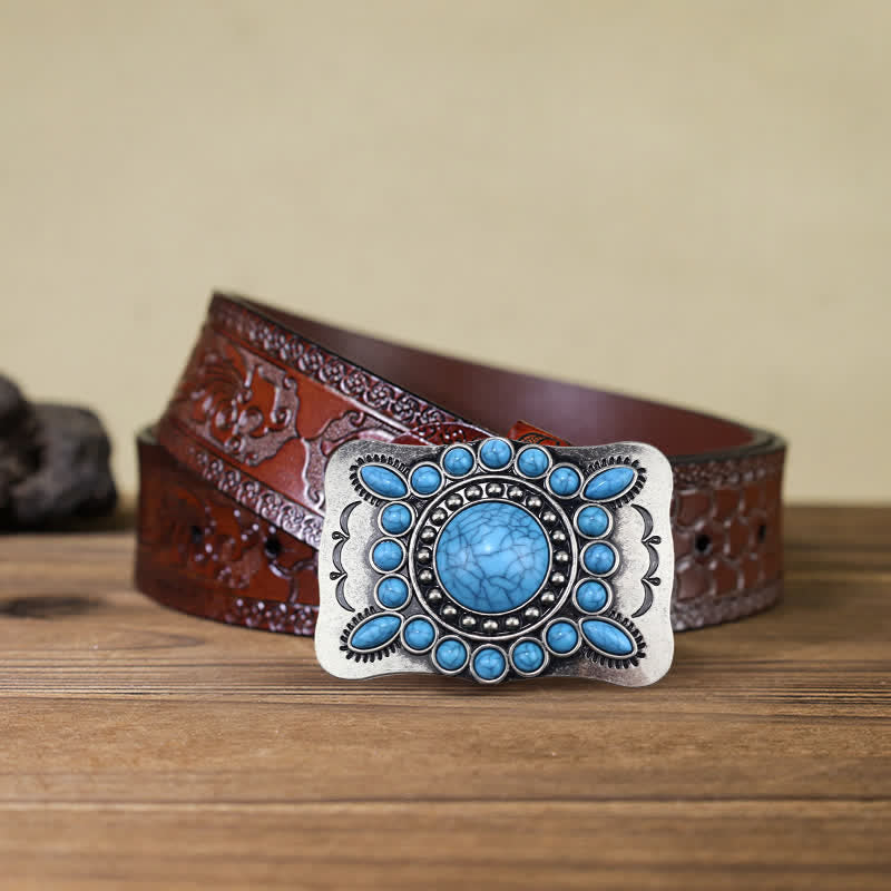 Ceinture en cuir à boucle rectangulaire en pierre turquoise pour homme