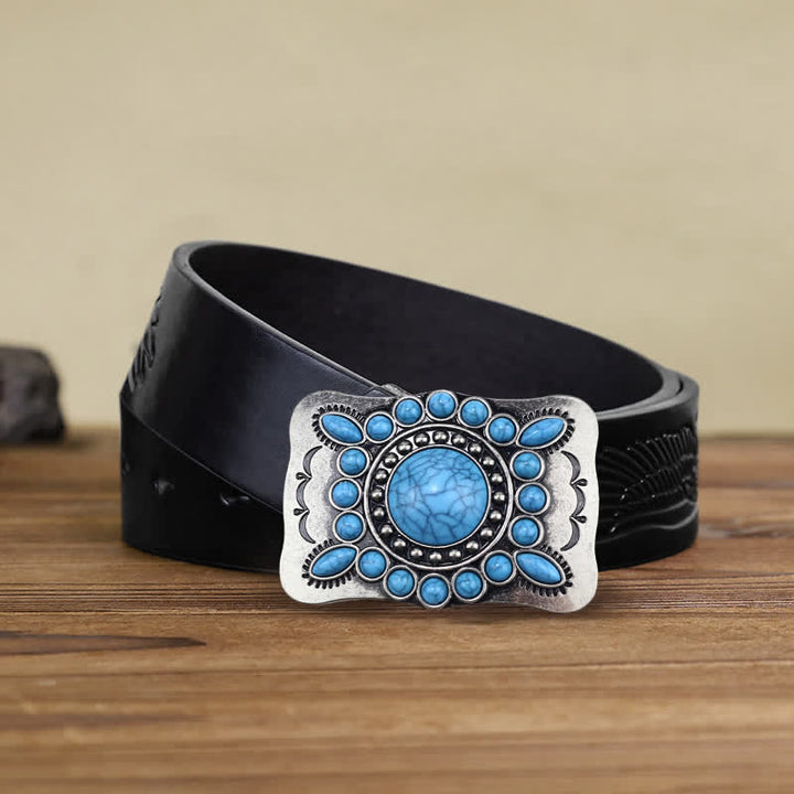 Ceinture en cuir à boucle rectangulaire en pierre turquoise pour homme