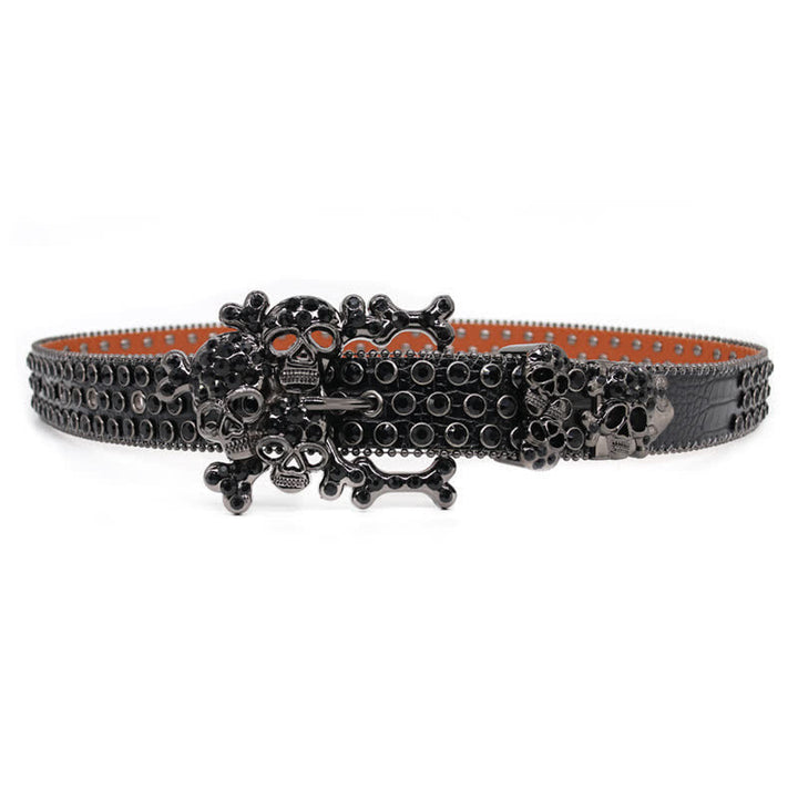 Ceinture en cuir cloutée avec boucle en forme de crâne noir et strass