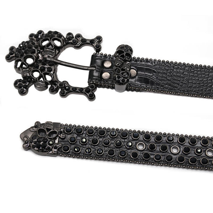 Ceinture en cuir cloutée avec boucle en forme de crâne noir et strass