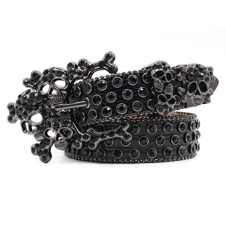 Ceinture en cuir cloutée avec boucle en forme de crâne noir et strass