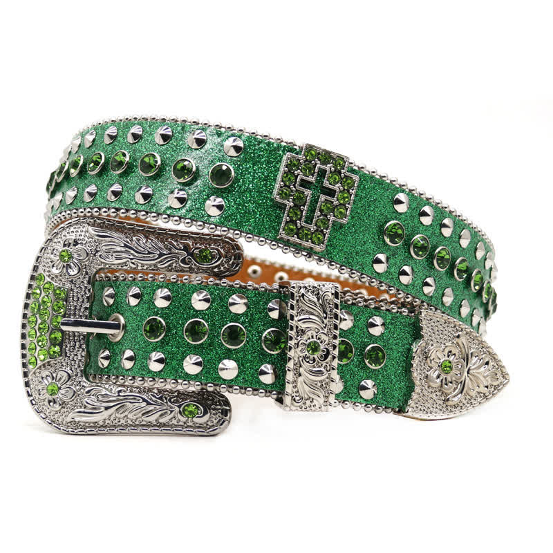 Ceinture en cuir cloutée avec croix gothique élégante et strass