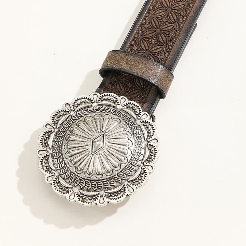 Ceinture en cuir gaufré avec boucle concho sculptée de style occidental