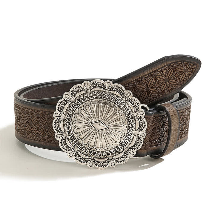Ceinture en cuir gaufré avec boucle concho sculptée de style occidental