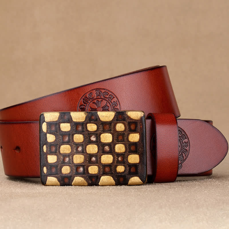 Ceinture en cuir à carreaux géométriques pour homme