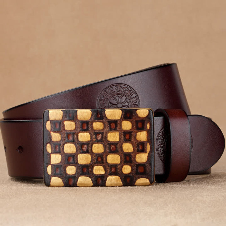 Ceinture en cuir à carreaux géométriques pour homme