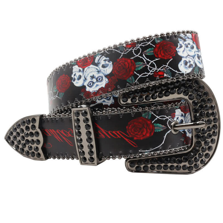 Ceinture en cuir imprimé squelette rose avec strass gothiques