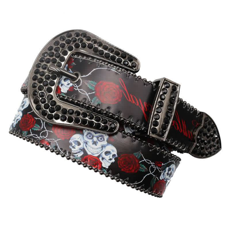 Ceinture en cuir imprimé squelette rose avec strass gothiques