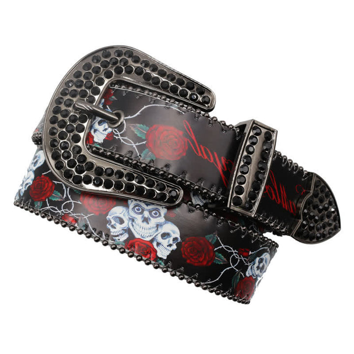 Ceinture en cuir imprimé squelette rose avec strass gothiques