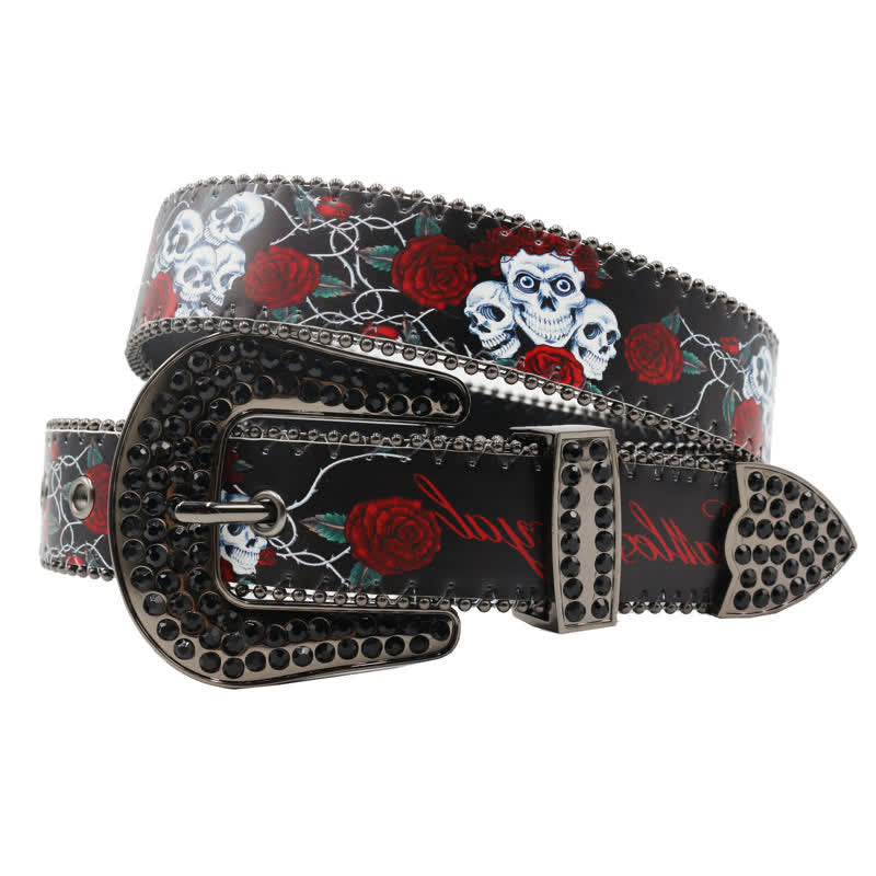 Ceinture en cuir imprimé squelette rose avec strass gothiques