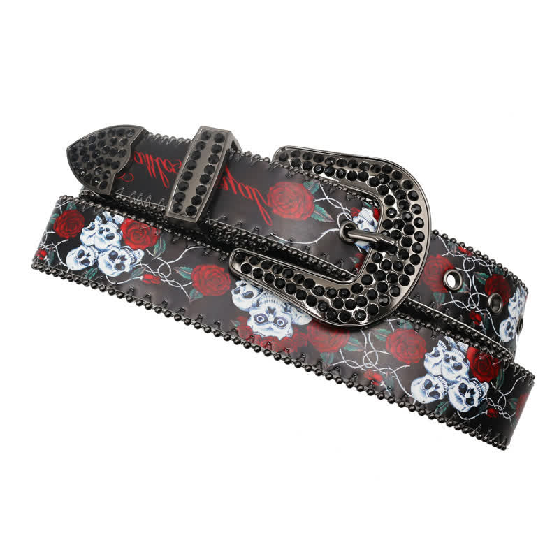 Ceinture en cuir imprimé squelette rose avec strass gothiques