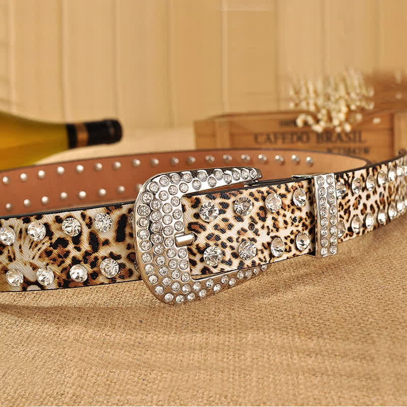 Ceinture en cuir imprimé léopard incrustée de strass pour femme