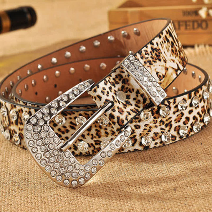 Ceinture en cuir imprimé léopard incrustée de strass pour femme