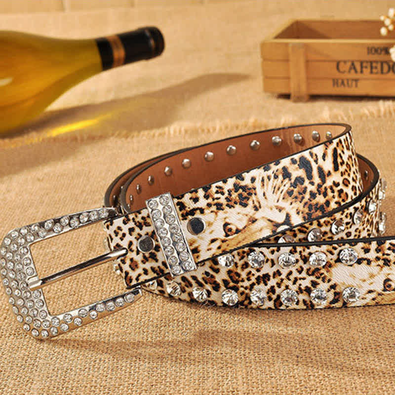 Ceinture en cuir imprimé léopard incrustée de strass pour femme