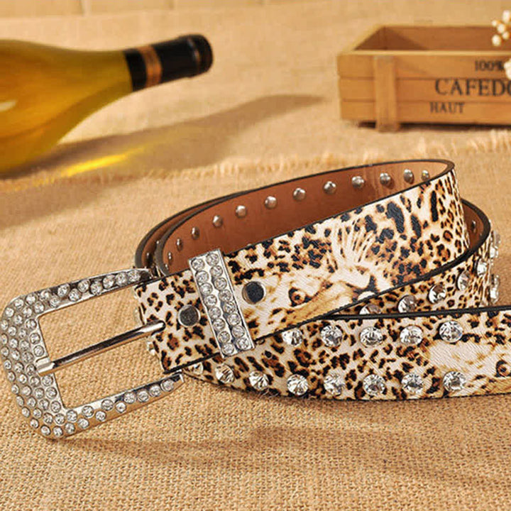 Ceinture en cuir imprimé léopard incrustée de strass pour femme