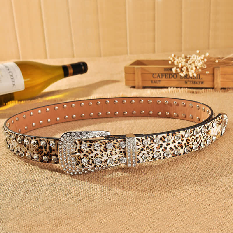Ceinture en cuir imprimé léopard incrustée de strass pour femme