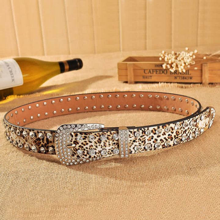 Ceinture en cuir imprimé léopard incrustée de strass pour femme