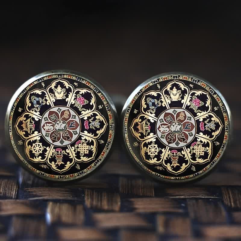 Boutons de manchette en forme de dôme en verre avec motif de fleur de mandala noir pour homme