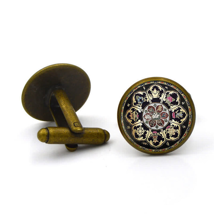 Boutons de manchette en forme de dôme en verre avec motif de fleur de mandala noir pour homme