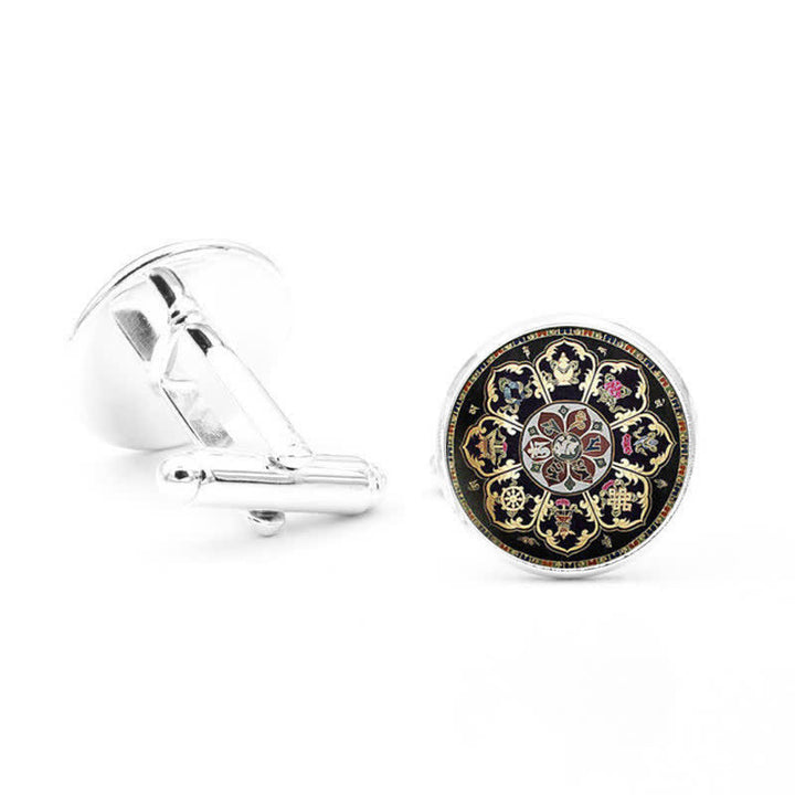 Boutons de manchette en forme de dôme en verre avec motif de fleur de mandala noir pour homme